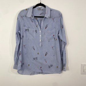 Dalia Collection Shirt Button Down Long Sleeve White and Blue Pin Stripe, Size L